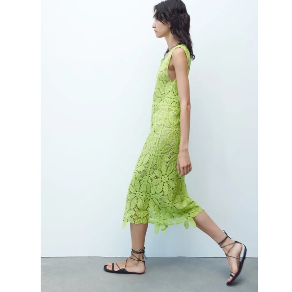ZARA MACRAMÉ KNIT DRESS LIGHT GREEN - Picture 5 of 6